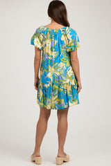 Aqua Floral Puff Sleeve Maternity Dress