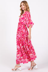 Fuchsia Floral Dolman Sleeve Tiered Maxi Dress