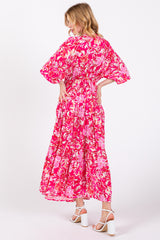 Fuchsia Floral Dolman Sleeve Tiered Maxi Dress