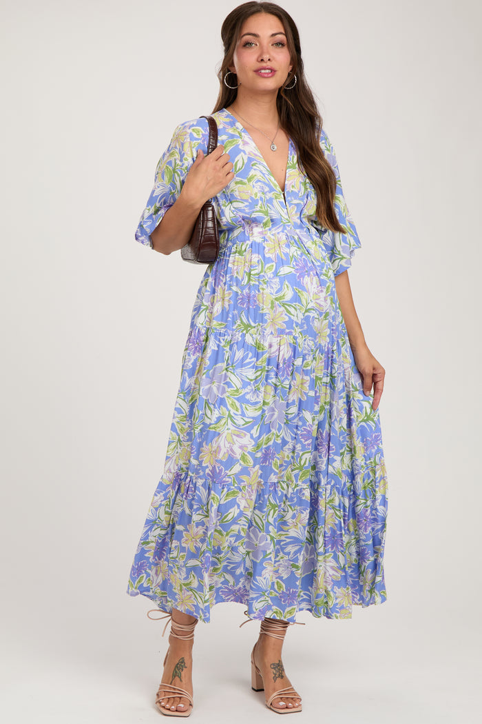 Blue Floral Dolman Sleeve Tiered Maternity Maxi Dress