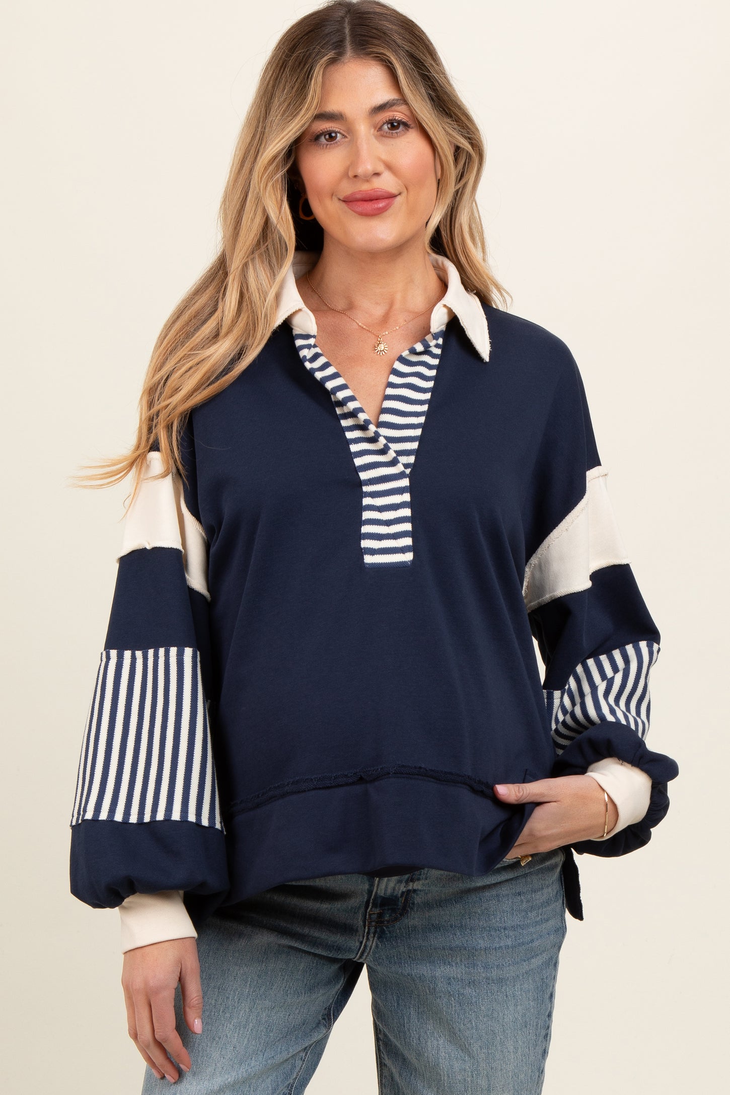 Navy Colorblock Striped Maternity Long Sleeve Top