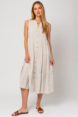 Taupe Striped Sleeveless Tiered Linen Midi Dress