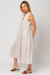Taupe Striped Sleeveless Tiered Linen Midi Dress