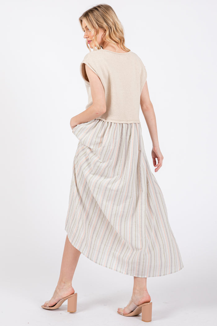 Sage Knit Striped Skirt Pocketed Sleeveless Midi Dress