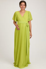 Lime Chiffon Wrap Front V-Neck Short Sleeve Pleated Maternity Maxi Dress