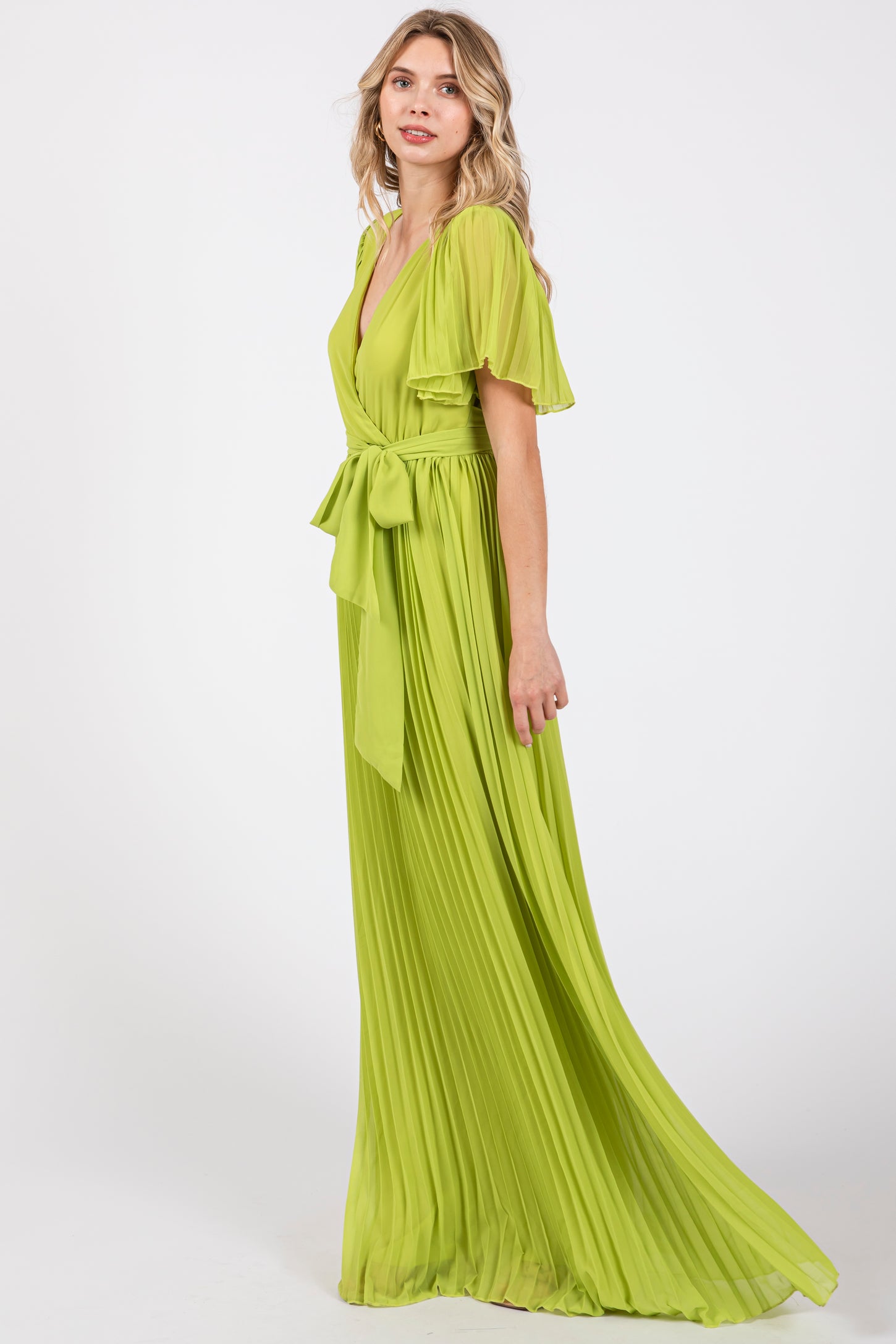 Lime Chiffon Wrap Front V-Neck Short Sleeve Pleated Maxi Dress