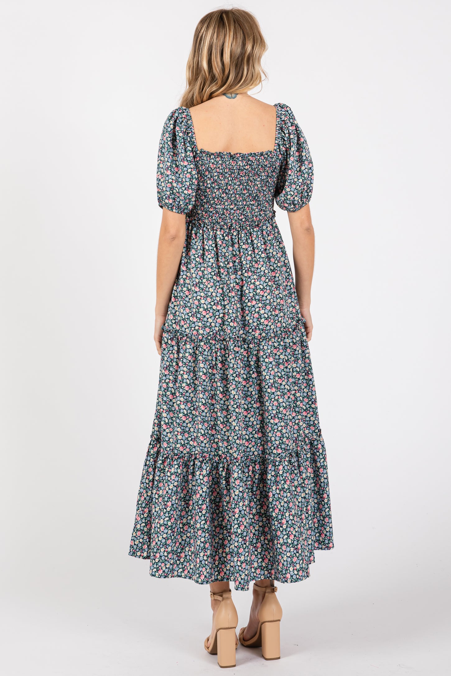 Navy Floral Smocked Tiered Puff Sleeve Maxi Dress