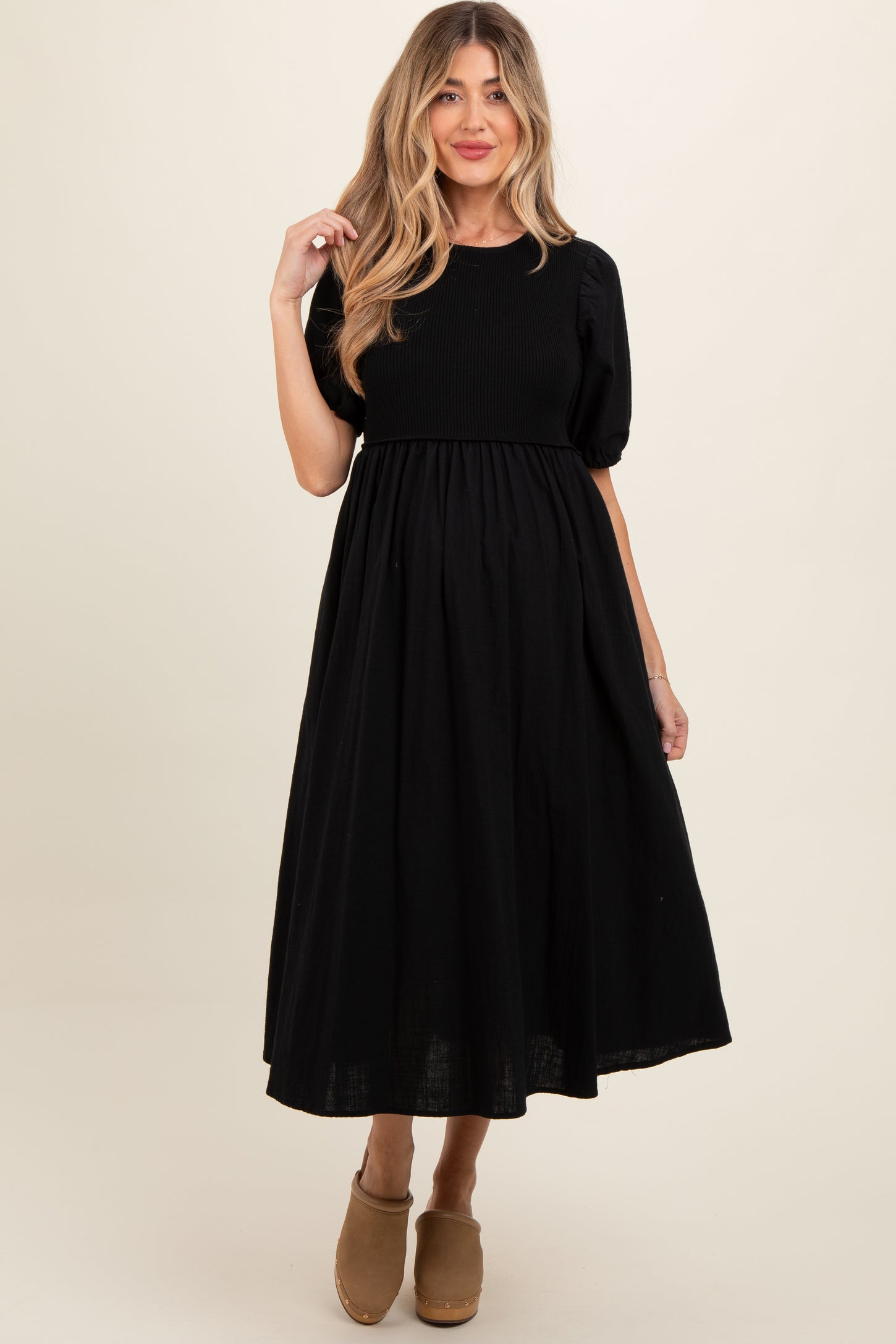 Black Ribbed Bodice Puff Sleeve Maternity Midi Dress