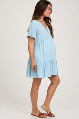 Light Blue Ruffle Hem Maternity Dress