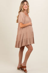 Mocha Ribbon Back Detail Puff Sleeve Maternity Mini Dress