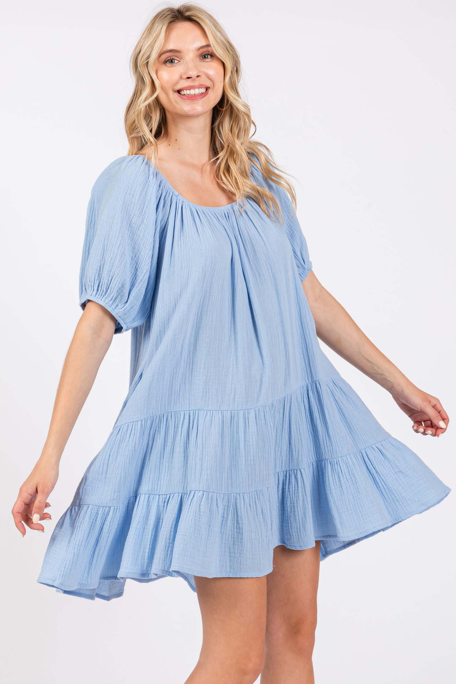 Light Blue Ribbon Back Detail Puff Sleeve Mini Dress
