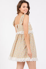 Cream Floral Square Neck Shoulder Tie Lace Trim Dress