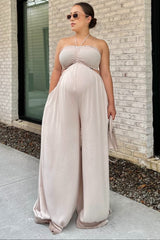 Cream Smocked Drawstring Halter Side Cutout Maternity Jumpsuit