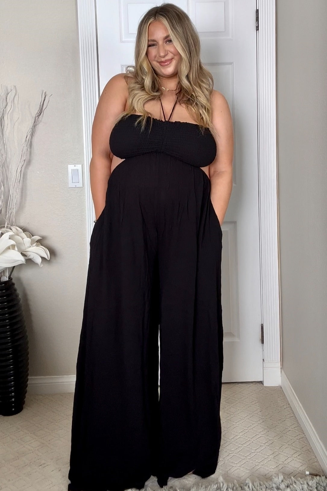Black Smocked Drawstring Halter Side Cutout Jumpsuit