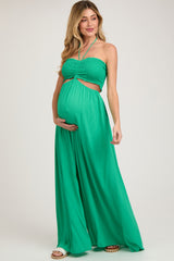 Green Smocked Drawstring Halter Side Cutout Maternity Jumpsuit