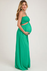 Green Smocked Drawstring Halter Side Cutout Maternity Jumpsuit