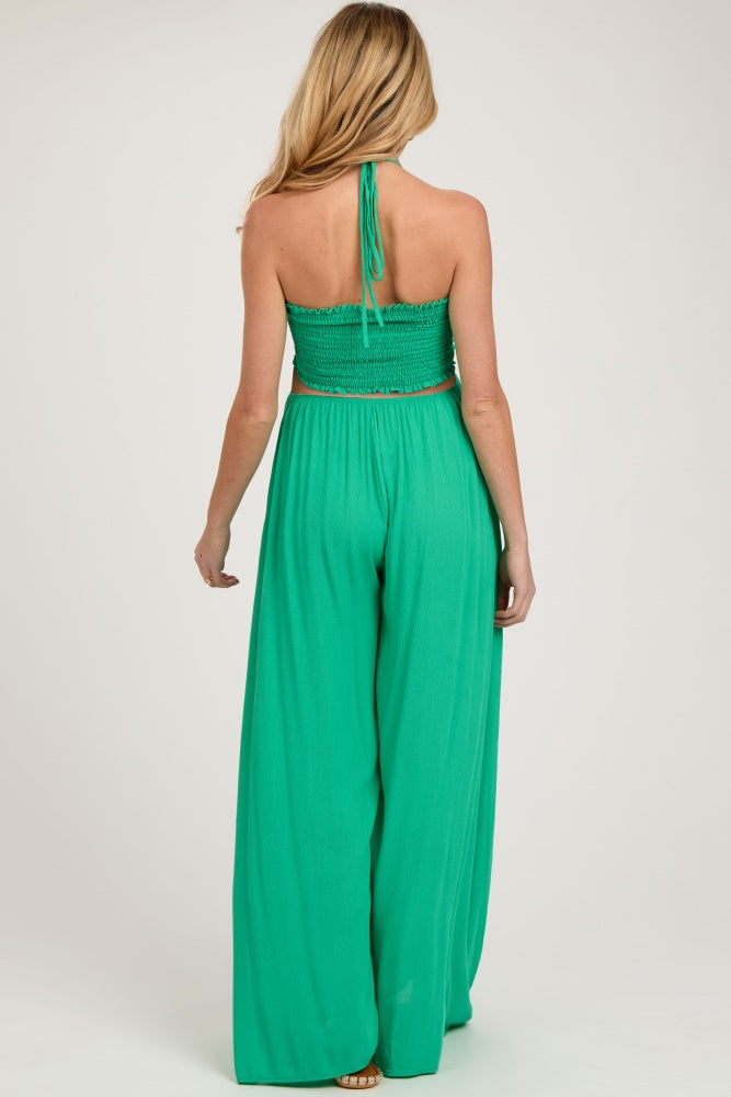 Green Smocked Drawstring Halter Side Cutout Maternity Jumpsuit