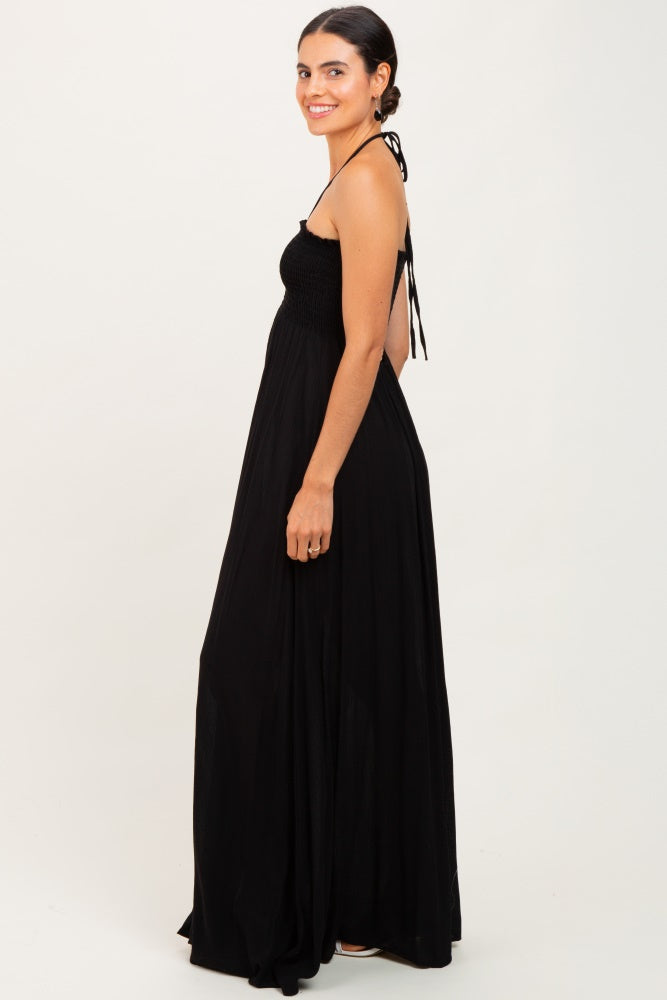 Black Smocked Halter Maxi Dress