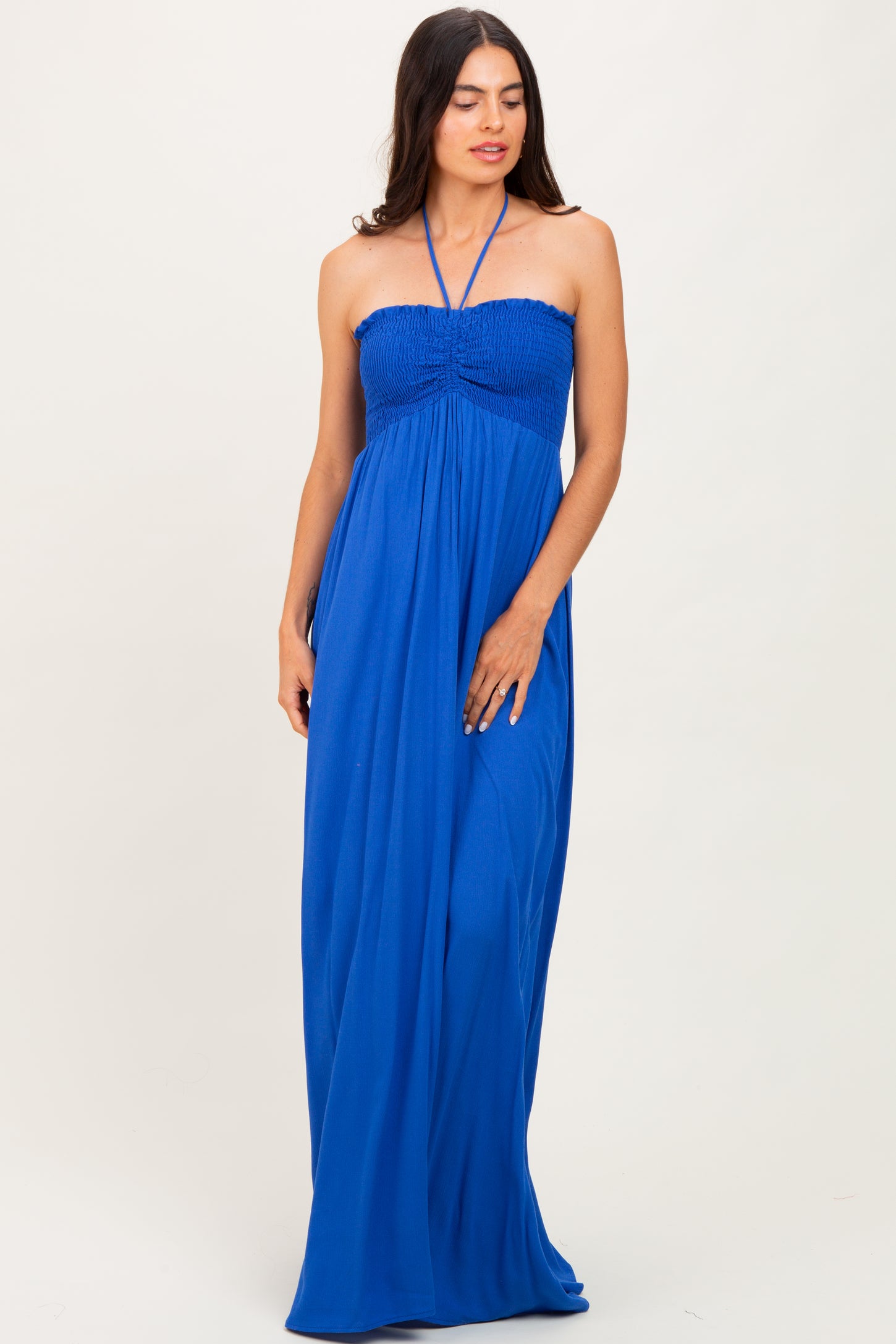 Royal Blue Smocked Halter Maternity Maxi Dress