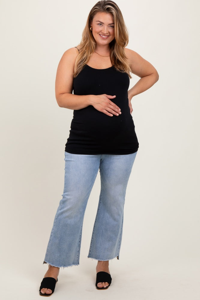 Light Blue Fringe Hem Maternity Plus Crop Flare Jeans