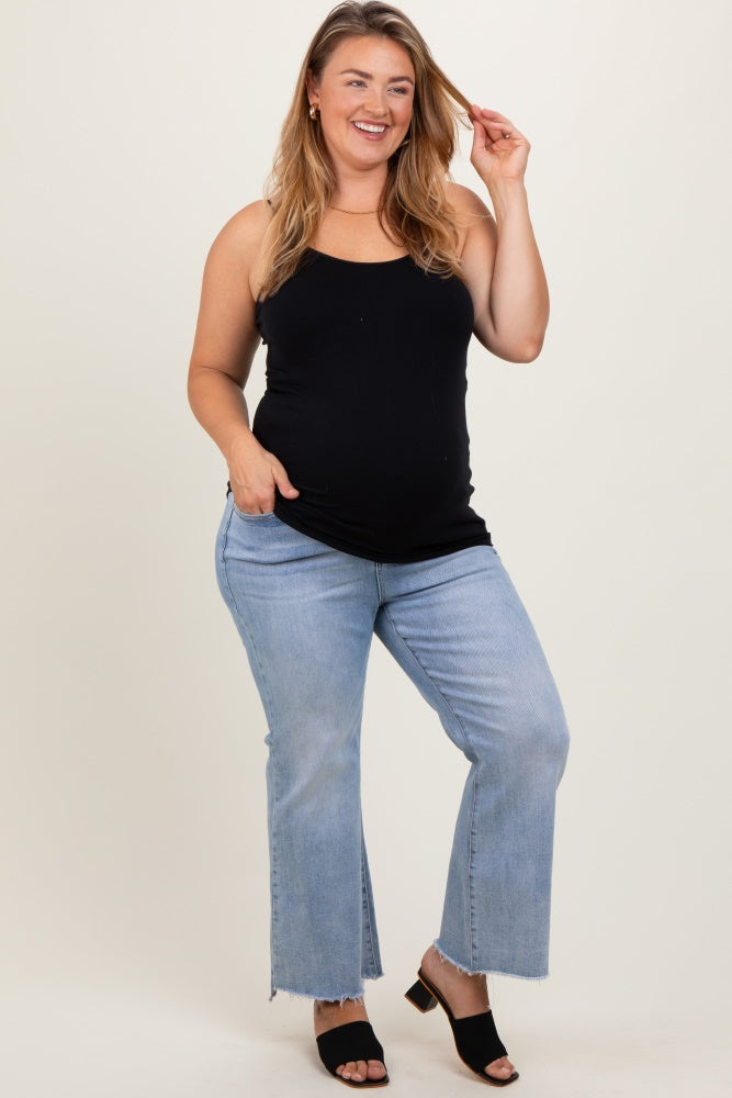 Light Blue Fringe Hem Maternity Plus Crop Flare Jeans