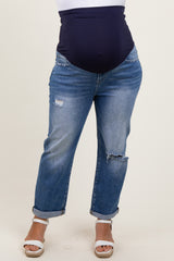 Navy Rolled Hem Distressed Straight Leg Maternity Plus Jeans