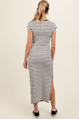 White Black Striped Side Slit Fitted Maternity Maxi Dress