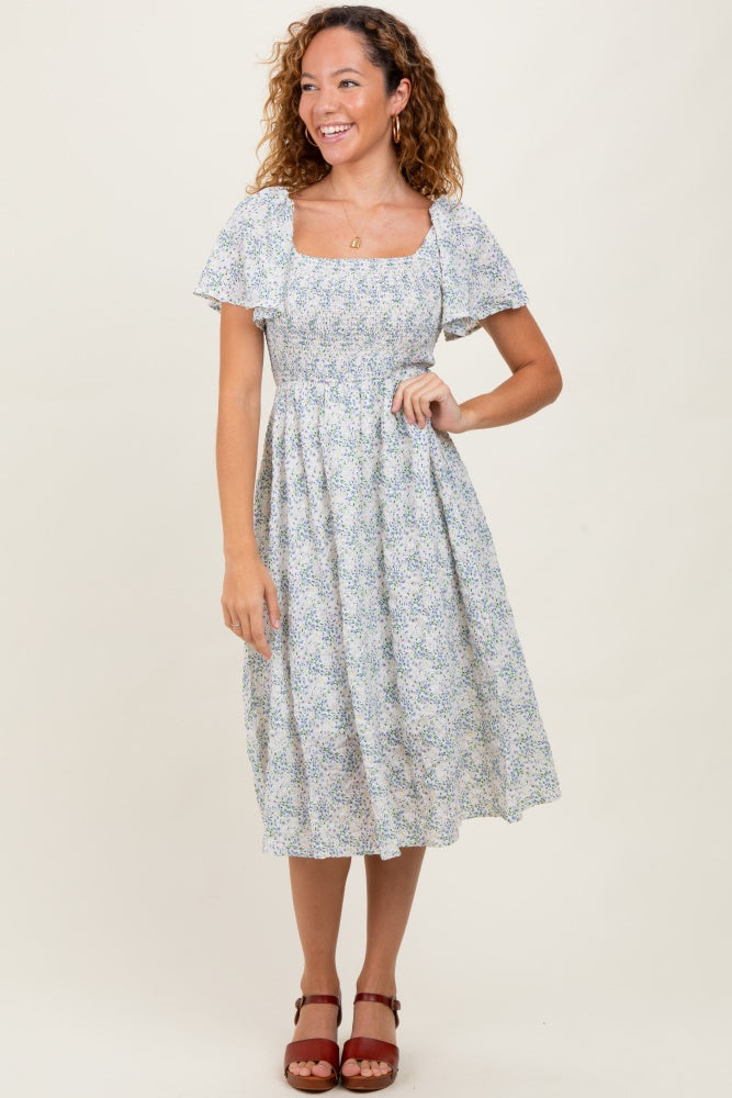 White Floral Square Neck Smocked Midi Dress