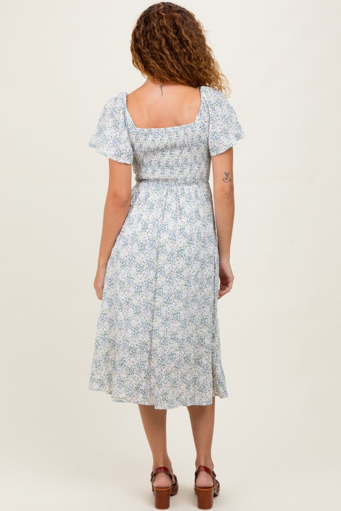 White Floral Square Neck Smocked Midi Dress