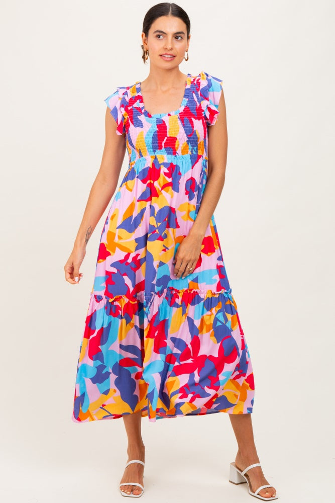 Multi-Color Smocked Ruffle Midi Dress