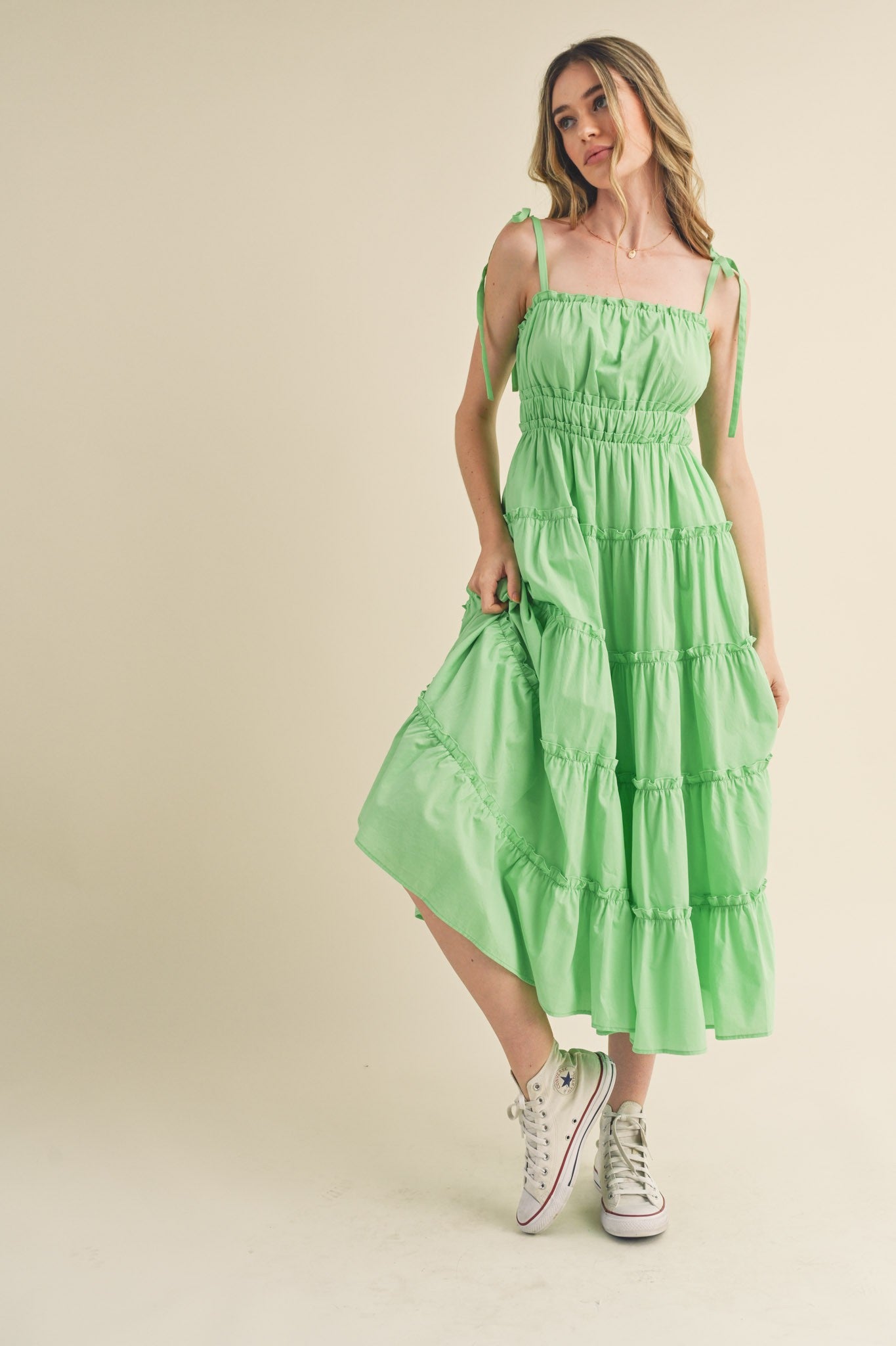 Lime Tiered Tie Strap Midi Dress