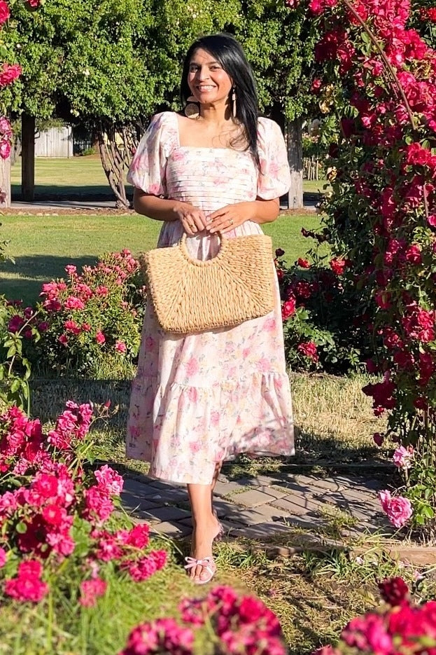 Lavender Floral Pleated Puff Sleeve Midi Dress