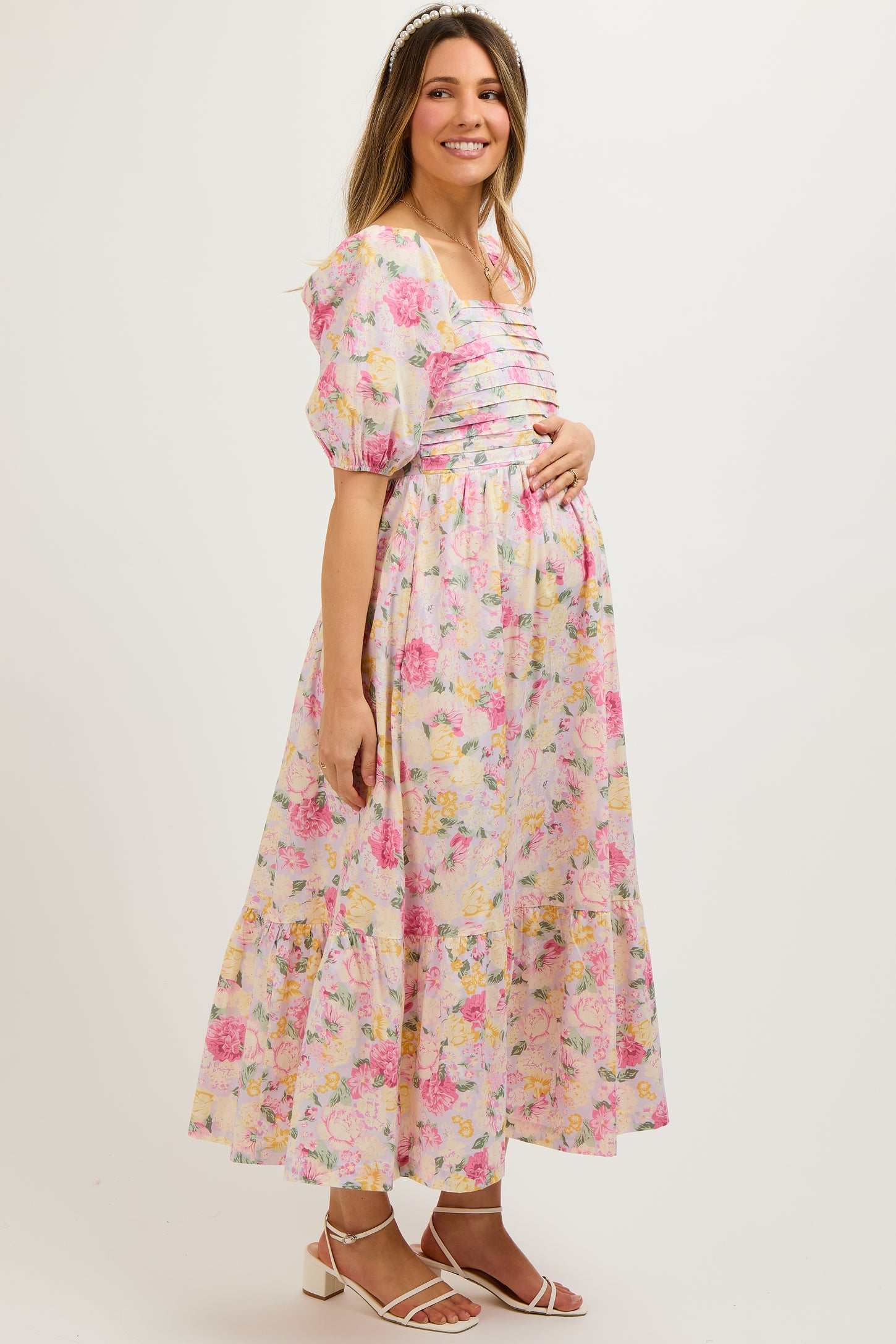 Lavender Floral Pleated Puff Sleeve Maternity Midi Dress