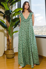 Green Floral Ruffle Accent Wide Leg Jumpsuit