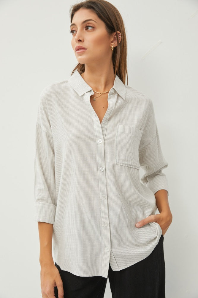 Grey Striped Basic Button Down Maternity Top
