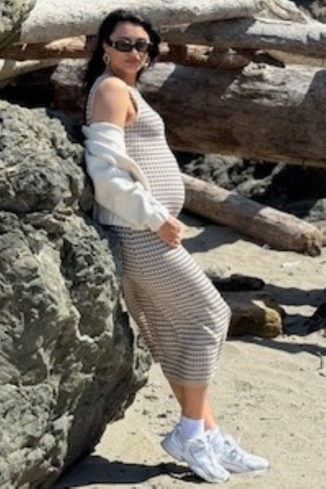 Beige Striped Knit Fitted Sleeveless Maternity Maxi Dress