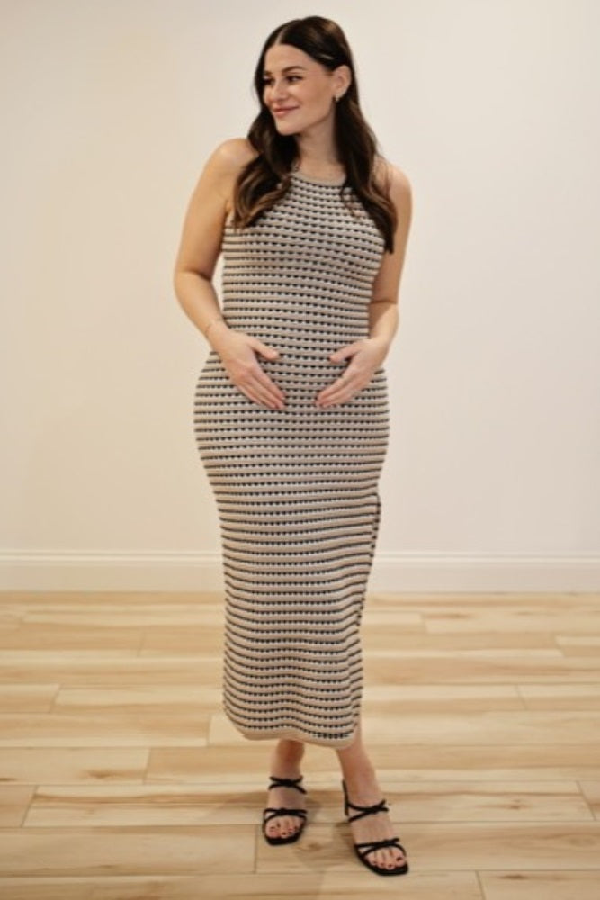 Beige Striped Knit Fitted Sleeveless Maternity Maxi Dress