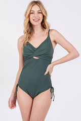 Olive Ribbed Wrap Front Drawstring Side One-Piece Swimsuit