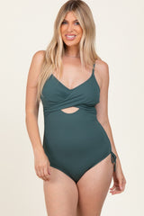 Olive Ribbed Wrap Front Drawstring Side One-Piece Swimsuit