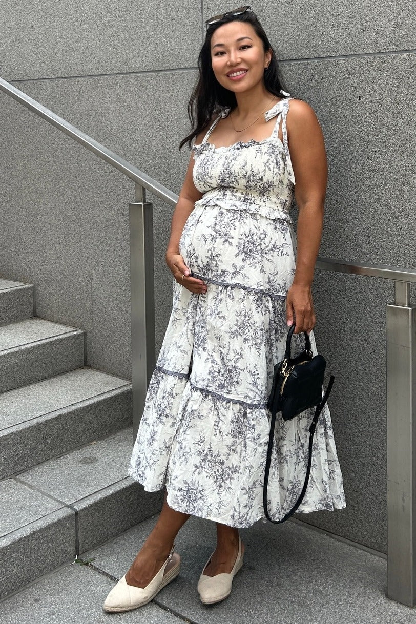 Charcoal Floral Sleeveless Ruffle Tiered Maternity Midi Dress