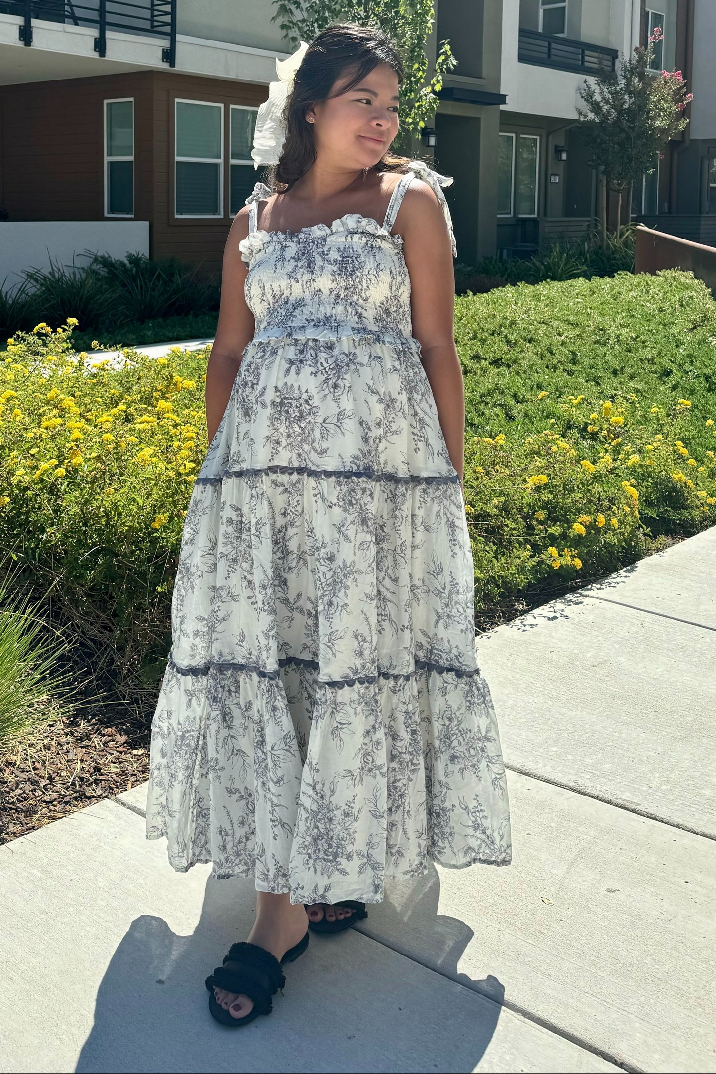 Charcoal Floral Sleeveless Ruffle Tiered Maternity Midi Dress