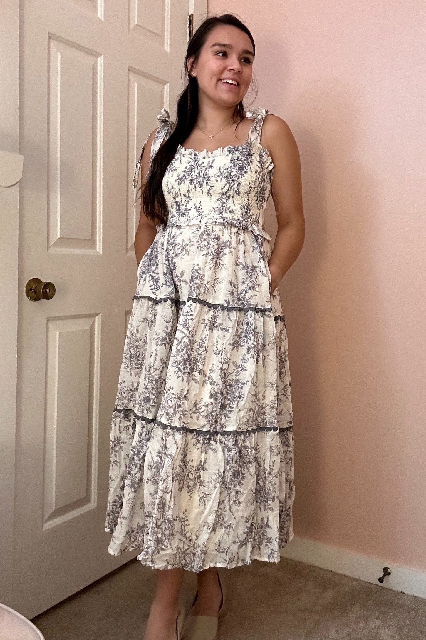 Charcoal Floral Sleeveless Ruffle Tiered Midi Dress