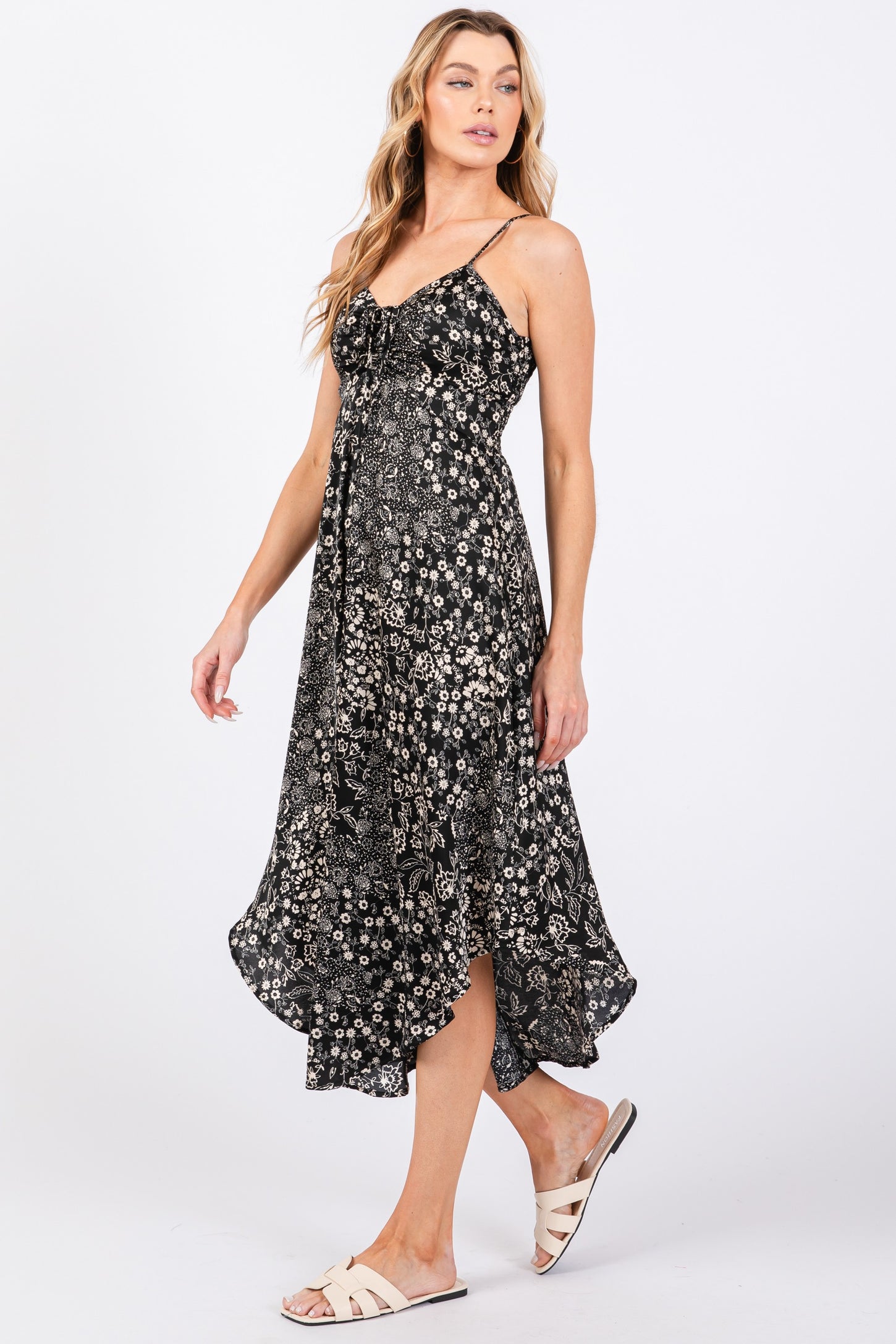 Black Floral Satin Front Tie Sleeveless Midi Dress