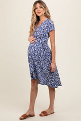 Navy Floral Wrap Maternity Midi Dress