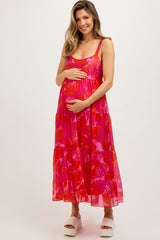 Fuchsia Leaf Print Sleeveless Tiered Maternity Midi Dress