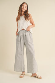 Heather Grey Striped Linen Slit Hem Pants