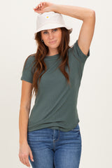 Olive Ribbed Short Sleeve Curved Hem Maternity Top