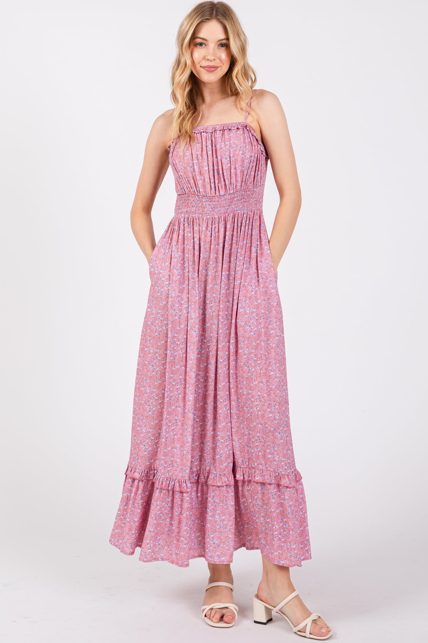 Pink Floral Ruffle Square Neck Smocked Waist Maternity Maxi Dress