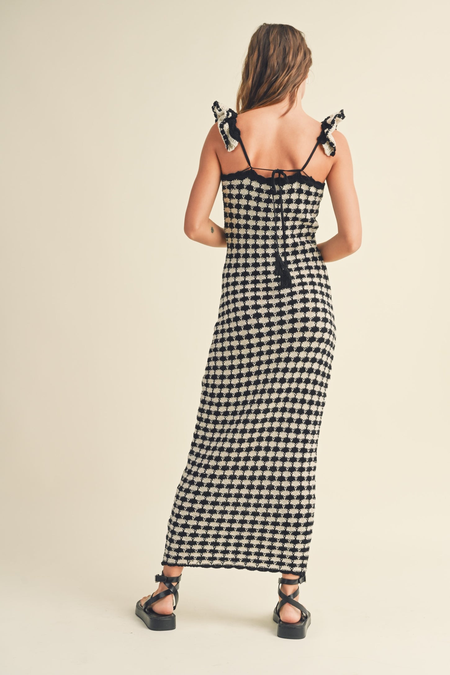 Black Crochet Knit Ruffle Strap Midi Dress