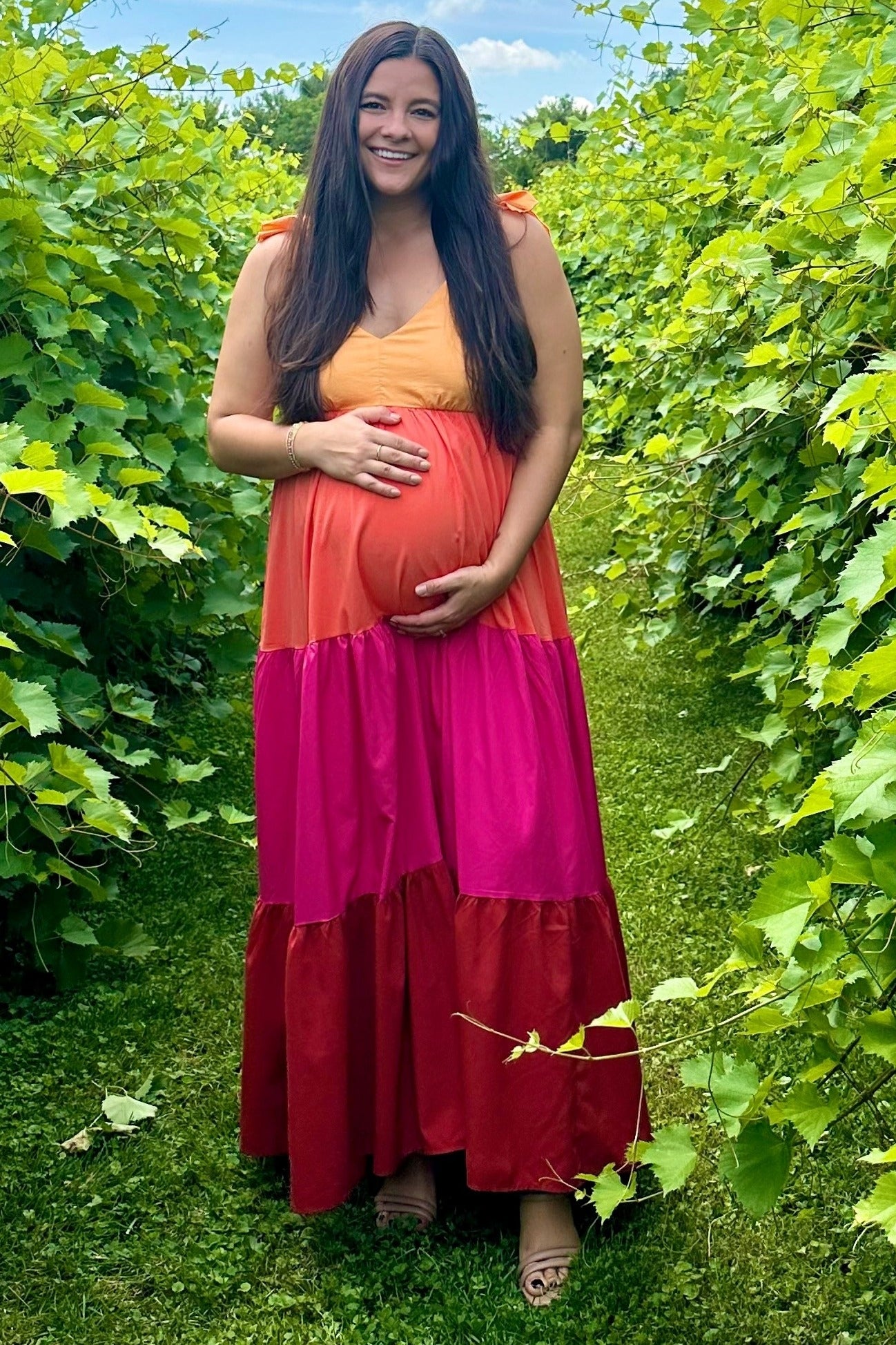 Orange Colorblock Tiered Ruffle Strap Maternity Maxi Dress